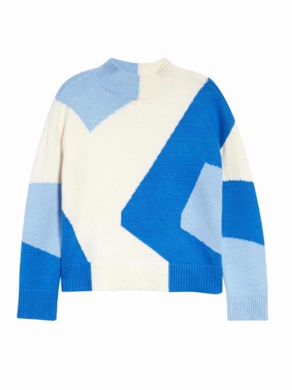 Vince Camuto Intarsia Blue & White Geometric Turtleneck Sweater